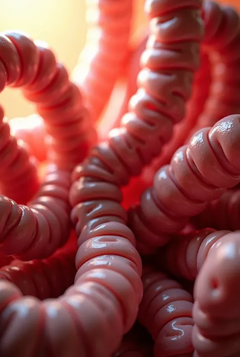 A group of human intestines seen up close ,  showing their complex structure with realistic folds and tissues .  The scene includes soft lighting that highlights the moist textures and natural tones of the organ