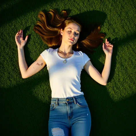 Top-down, photorealistic view of a beautiful woman lying unconscious on lush, green grass. Her arms are stretched out gracefully, legs slightly bent at the knees, with her hair tangled and spread around her head. She wears a sleek, white t-shirt and distre...