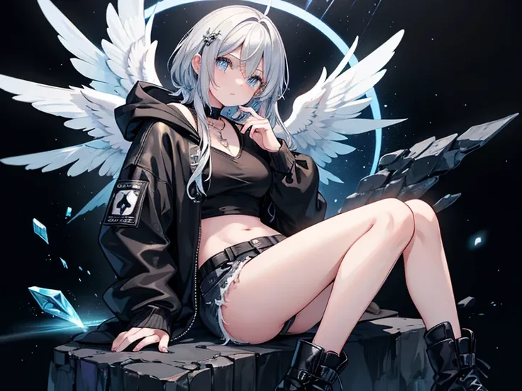 A trans male angel .  He has big black wings ,  black shoulder-length hair ,  grey-blue eyes ,  he is 28 years old ,  he is wearing a black hoodie ,  who is too big and hangs over his butt and hips .  Under the black hoodie he wears black jeans on his feet...