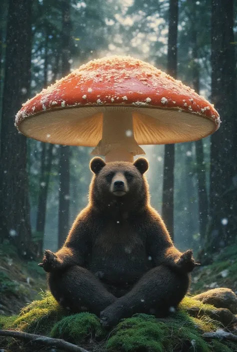 A serene and magical scene featuring a bear meditating peacefully under a large Amanita muscaria mushroom with a bright red cap and white spots. The bear sits cross-legged on soft moss in a tranquil forest, surrounded by gentle snowfall and glowing light. ...