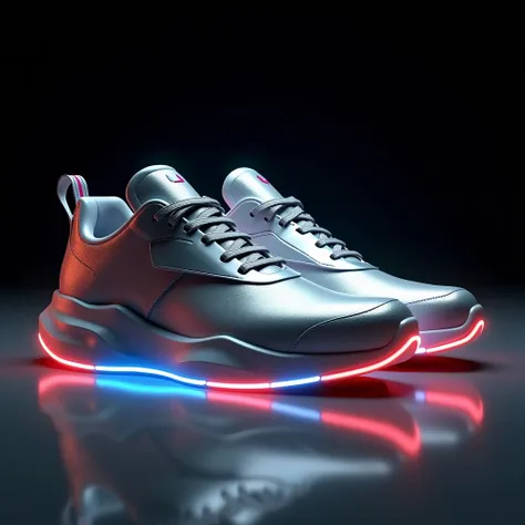 A highly detailed and realistic 3D rendering of a pair of shoes inspired by Back to the Future. The shoes are futuristic and sleek, combining high-tech elements with retro style. The body of the shoes is a smooth, metallic silver, with subtle glowing accen...