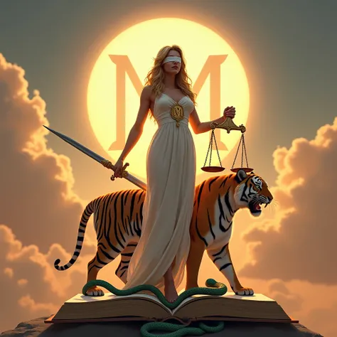  The Goddess Themis of Justice,  with a curvaceous body and showing her wide hips , and sturdy legs ,  and with long, wavy gold-colored hair , and wearing a white dress , and with soft and smooth skin ,  with the other hand and holding a long sword , and h...