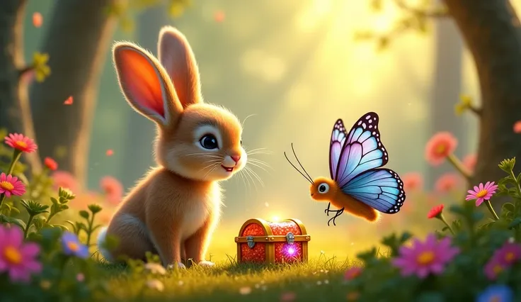 rabbit  and butterfly  looking at the treasure with joy.