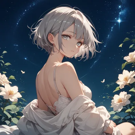  girl、Gray Hair、 short hair、Silver Eyes、Sit back and look back at me、Only the upper body is visible、 Beautiful Starry Sky