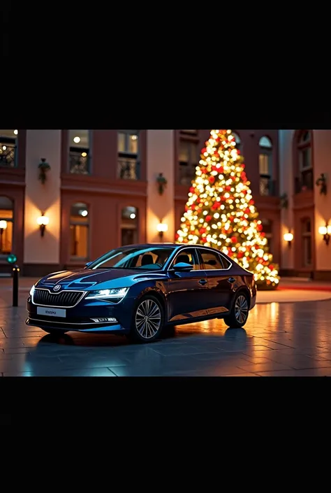 Skoda superb 3 car on the background of a Christmas tree, form 16×9