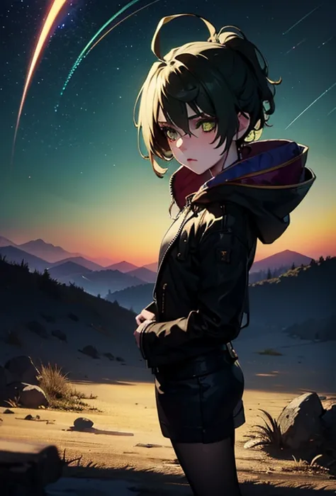 a beautiful girl with short galaxy hair, green eyes, wearing a black jacket and long socks, standing in a colorful starry night sky with planets, realistic, detailed, cinematic lighting, 8k, masterpiece