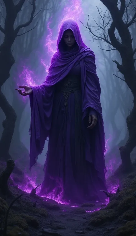 A mysterious witch cloaked in purple chaos energy, standing in a dark forest of salix trees, glowing with a powerful energy. realistic, stunning realistic photograph, 3d render, octane render, intricately detailed, cinematic, trending on artstation, Isomet...