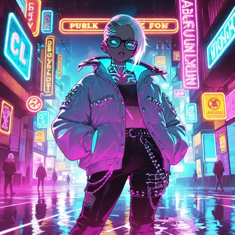 (masterpiece), (best quality), (detailed illustration), cyberpunk city at night, neon lights, futuristic buildings, (shaved head girl with short white hair), (B-boy fashion: oversized jacket, streetwear, dark pants), (punk elements: leather accessories, me...