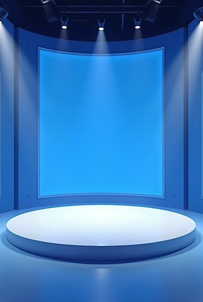 talk show studio with white circle floor and blue background