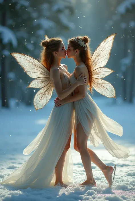 A beautiful dance on ice featuring two enchanting fairies, naked, realistic and fantastical atmosphere, ethereal lighting, intricate details, whimsical background, soft glows, elegant poses, magical winter scenery with sex and sensual tongue kissing. They ...