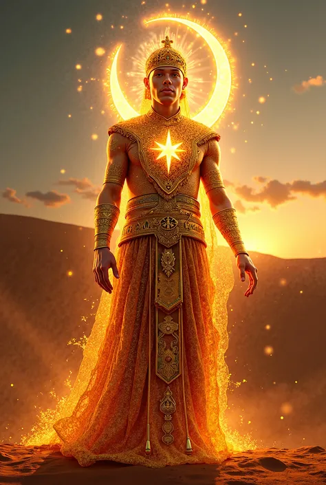 "Design an ultra-realistic 4K image portraying Algeria as a magical god. The divine figure should reflect Algerias rich culture and landscapes, with the Sahara Desert forming a shimmering golden cloak and the Atlas Mountains crowning their head. Their body...