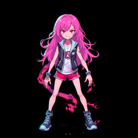 2d platformer game character, american comics book style, full body view, girl, perfect body, fight pose, , long pink hair, red  shorts, black leather jacket, grinders,  perfect clear lines, clean stroke, vector quality, flat shadows, flat color,  flat 2d ...