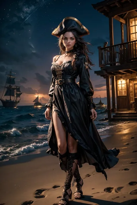 the dynamics take place in the viewers field of view, far away you can see the ocean night and the outline of an invisible pirate ship in the ocean ((you can see the whole body)) a young woman with black curly disheveled hair, big black eyes. dressed in a ...