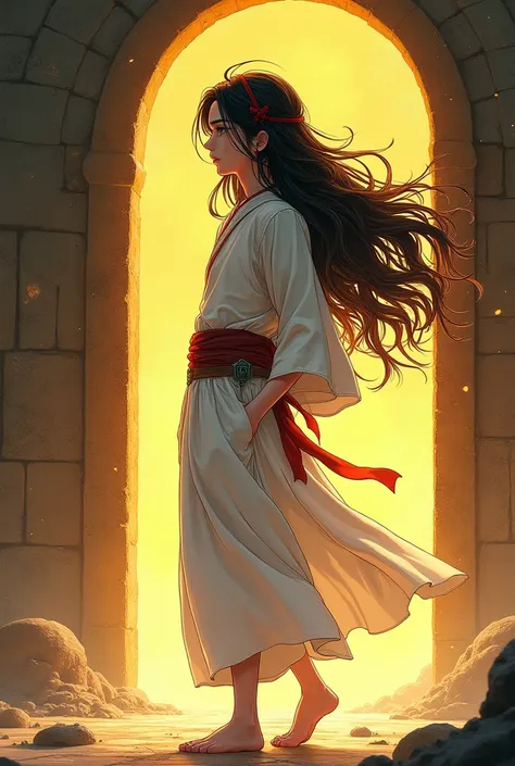 (absurdities,  High resolution , ultra detailed manhwa, realistic, Nordic), 1 boy, young man,  long black hair with red bands, right eye black pupil red iris , wearing white battle dress, crossing a golden portal, barefoot, hands in pockets, enigmatic look...