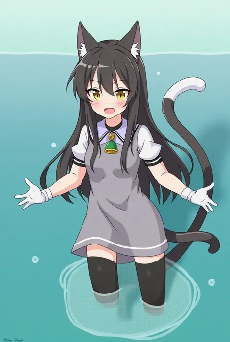 Anime woman cat ears white black hair long hair yellow eyes wearing green collar with bell black cat tail wearing black white shirt wearing white gloves catching fish in river 
With tall men, dark gray black hair, making a fearful pose when going down into...