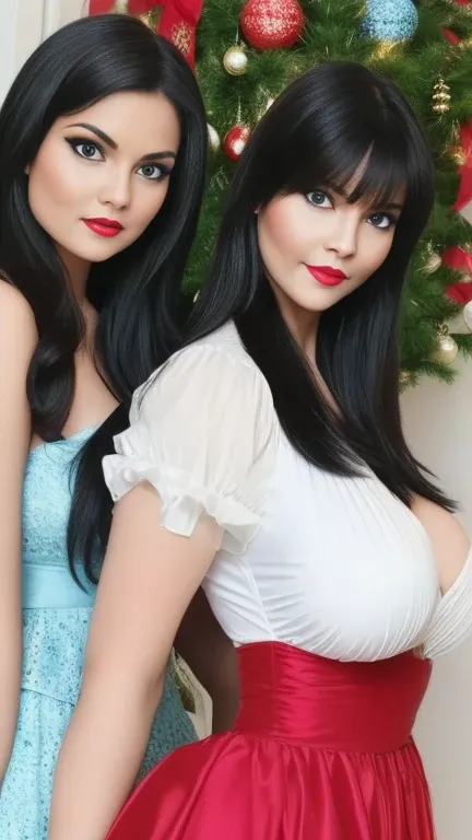 { "description": "A high-quality, festive photo of three gorgeous women who resembles Alice in Wonderland with long, straight, black hair and a noticeable, straight bang. Large DD busty beautiful breasts, curvy, hourglass body. Big bright light blue eyes. ...