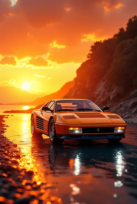 An 80s-inspired supercar wallpaper with a bright orange supercar resembling a Ferrari Testarossa, cruising along a shimmering gold and crimson coastline. The sunset radiates fiery tones of red and yellow, casting a warm glow on the reflective water. The ca...