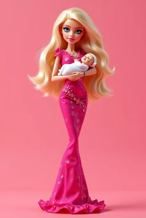 Blonde Bratz doll dressed in pink with baby in her arms