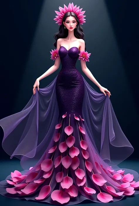 Create a image dress of queen of night flower petals as fashion illustration cover the half arms ,cover the arms with fabric,full body
I want an illustration which no designers have created yet own ai design 
100 own design 
Create one for me