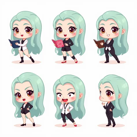 A cute chibi supermodel with celeste-colored hair,with many poses, 10 poses, depicted in full body including her feet. She is wearing a stylish, high-fashion outfit, with a sleek, modern design that emphasizes her elegant and confident pose. She holds a fa...