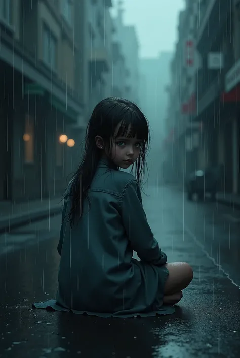 Girl, black hair, very thin, sitting, blue eyes, in the rain, dark street