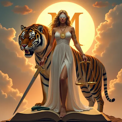  The Goddess Themis of Justice,  with a curvaceous body and showing her wide hips , and sturdy legs ,  and with long, wavy gold-colored hair , and wearing a white dress , and with soft and smooth skin ,  with the other hand and holding a long sword , and h...