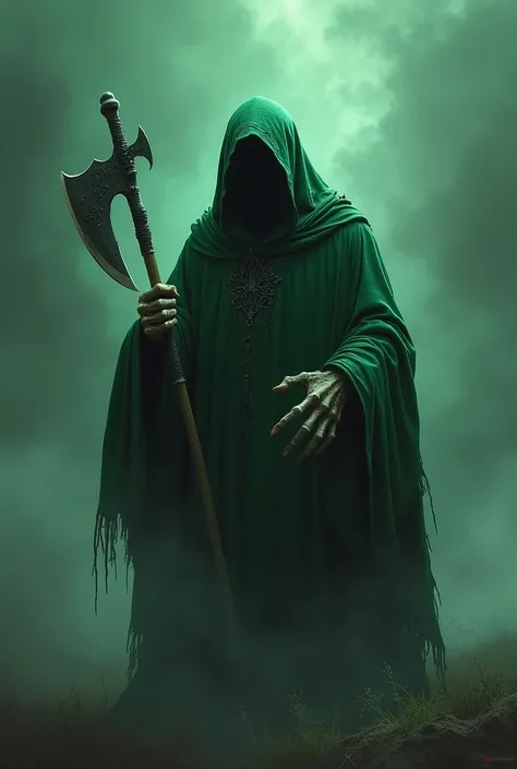 Death in green robe with machete in hand