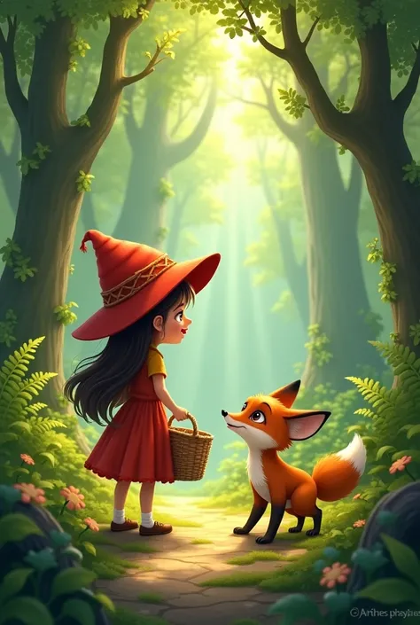  A GIRL IN A RED HAT WITH A BASKET WALKS THROUGH THE FOREST .TALKING TO A FOX 