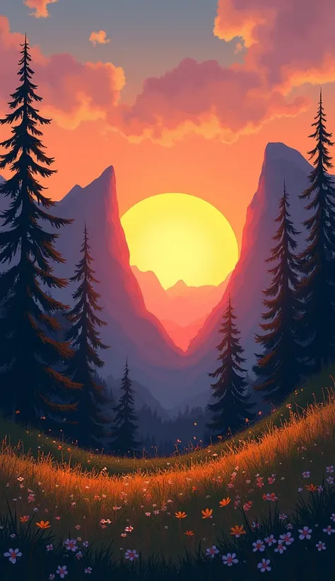  Sunset scenery, Two mountains with the sun in the middle between two mountains, Sunshines rays, in the ground there are grasses with tiny flowers and Douglas fir surounding the aera, Firewatch Game artstyle.