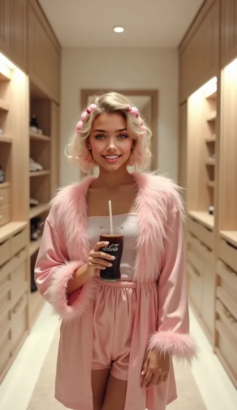 wide angle shot, ((((front view)))), (((full body shot))), Beautiful (((Latina))) girl named Luna, (((her shoulder length blond short hair twisted in curlers)))), 20 years old, light tanned, playful smiling, looking at camera, dressed in pastel light Pink ...