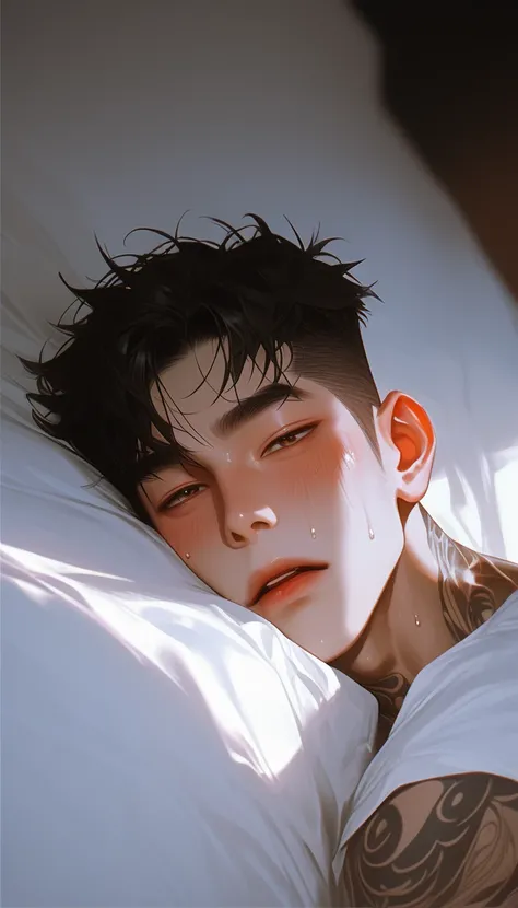 Take a picture ，White bed， first person， Full Body Photo ，Overlooking，A boy is lying down， is in good shape ， smooth skin ， Korean comic style ，Look at the lens，Young and energetic， is in good shape ，Cross Ministry ，Strong white skin ，wet hairstyle ，Tattoo...