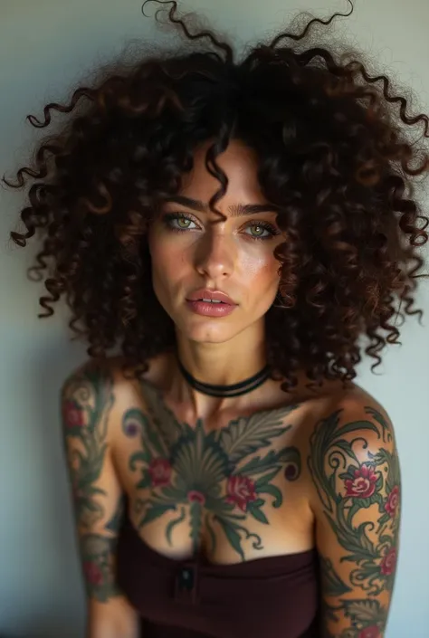  A curly model, Tattooed and brunette  