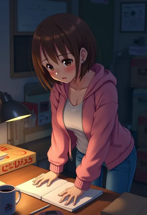 Mid-shot of Miya picking up a notebook from a cluttered table, her expression emotional and reflective. Her soft brown eyes glisten, hinting at tears she’s holding back, but her face remains composed. Miya’s pink zip-up jacket and blue jeans reflect her ca...