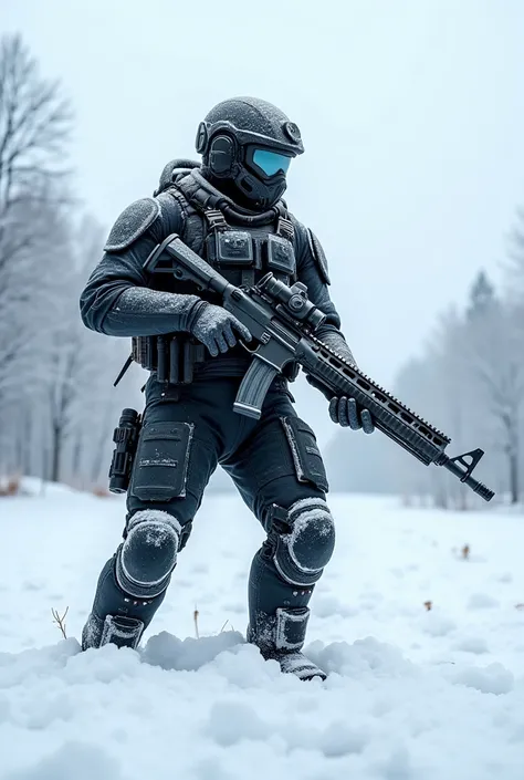 (masterpiece, best quality, photorealistic, ultra-detailed), snow man dressed in tactical gear, black ops, holding shotgun in hand, dynamic pose, natural lighting, perfect digital illustration