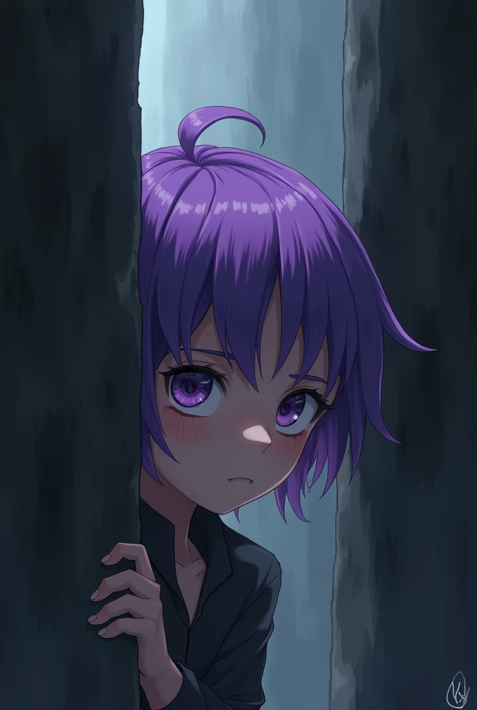 boy ,  in the same style with purple hair ,  looks out from behind the , looks sadder 