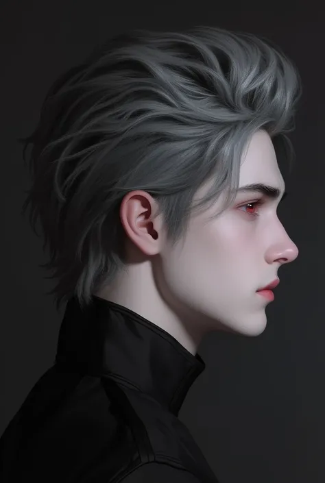 Make a profile picture front facing of a man with soft hair with length to his ears and deep red eyes (#680C07), with deep ash grey hair color with a black highlights. White skinned. Semi realistic  version 