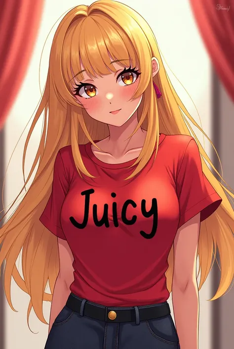 A girl sexy . long hair and yellow hair.shirt red color add the text Juicy on the characters shirt. style art anime