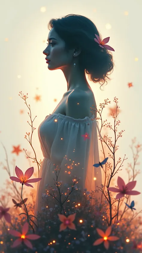 Create a breathtaking, high-quality double exposure image in 8K Ultra HD. The artwork should beautifully blend the silhouette of a modest, fully clothed goddess with a romantic, magical background. Incorporate ethereal elements like floating lanterns and s...