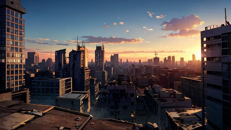 create a destroyed city after an apocalypse background in anime style, ((only scenary))