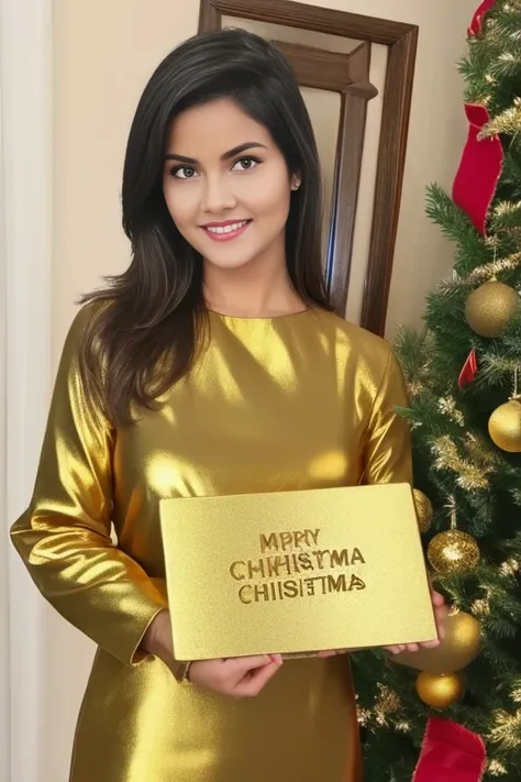 She holds a gold sign  "Merry Christmas" ,