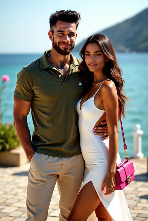 create a picture of a man with tanned skin, muscular, short wavy hair, black color, side hairstyle with fallen hair on the forehead, short beard, dark, sexy, masculine energy, with flower tattoos on his neck wearing a military green polo shirt and beige pa...