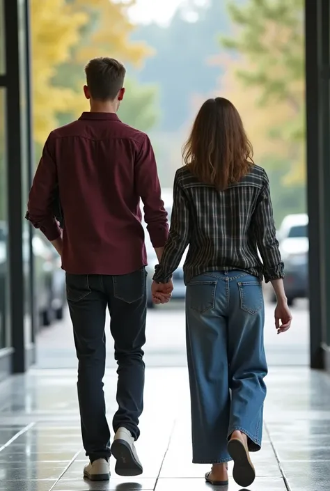 Give me a picture of a male and female student entering the university, but the male student is tall and the female student is short but she is wearing wide pants, please, but they are not touching each other