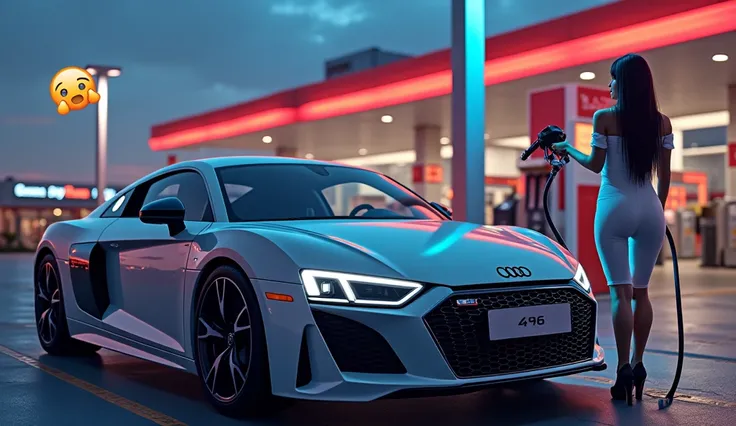 Create a vibrant and slightly humorous scene depicting a luxury sports car, such as an Audi R8, parked at a gas station during the evening. A stylishly dressed woman with long black hair, wearing a fitted white outfit, is holding a gas pump nozzle in a sli...