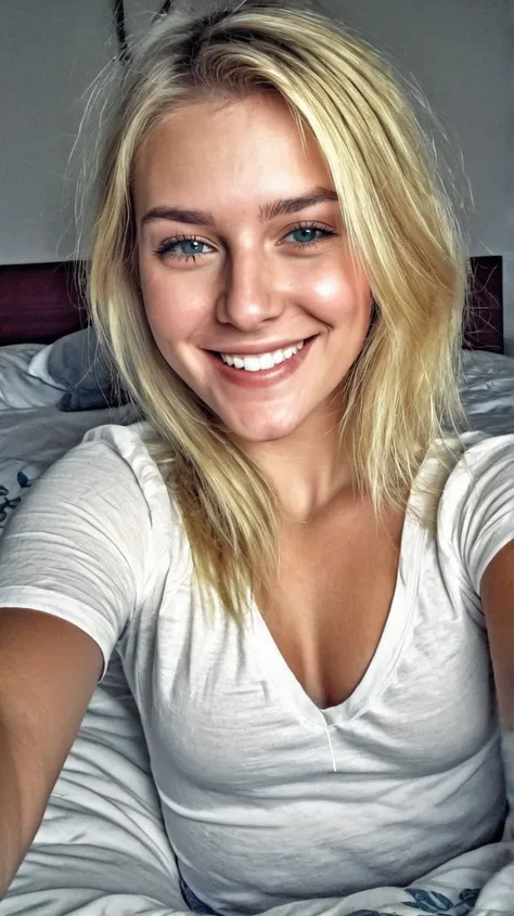 Blonde girl selfie on her bed smiling HDR