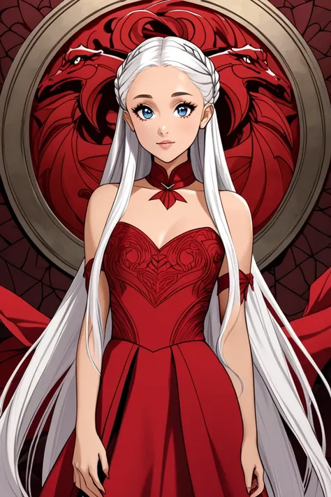 Ariana Grande with long straight white hair, blue eyed, as a Targaryen, in a red dress