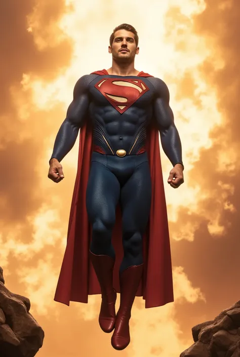 Cody Christian with an undercut haircut combed back, short beard, dressed in a clasic blue Superman costume, he is floating in the air, superman pose, superman, superman costume, superman is high, super high resolution, superhero body, superman emerging fr...