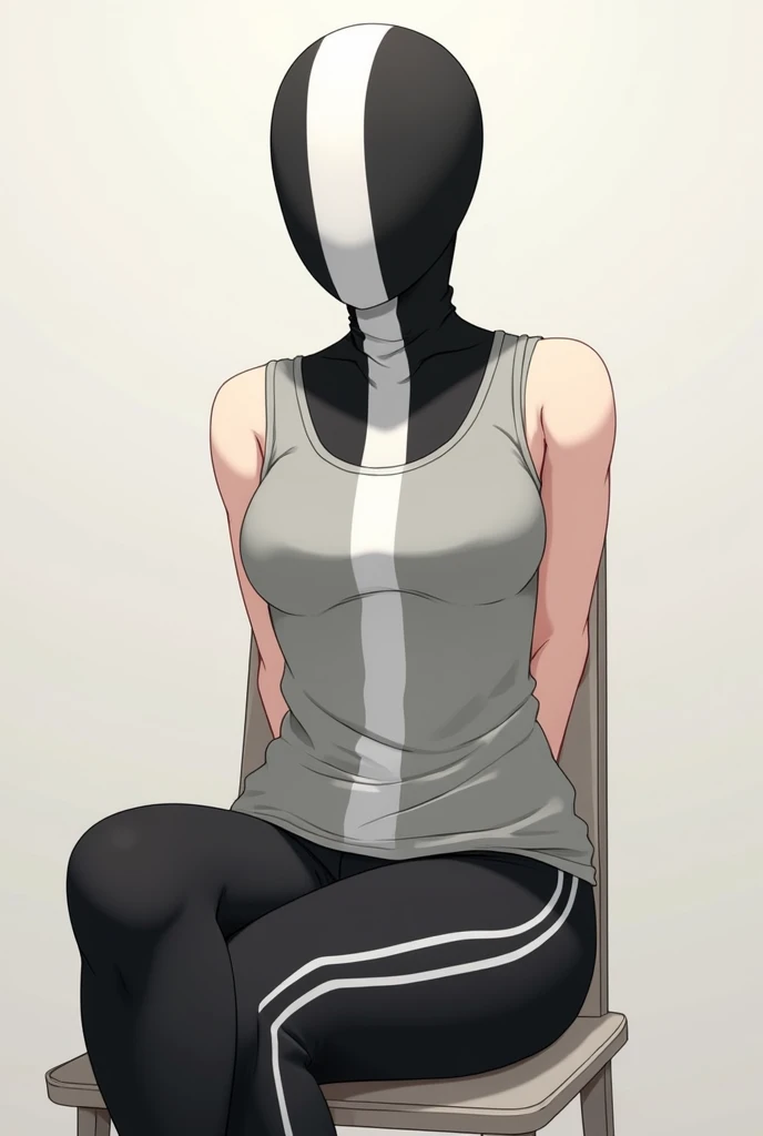 (Anime) woman, spandex mask with vertical white stripe in centre of the mask over entire head, full face covered, entire head covered, eyeless, arms behind back, black leggings with vertical stripe on side, light grey tank top, plain light grey tank top, p...