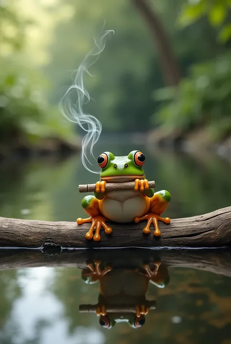 A little frog smoking cannabis on a log in a lake