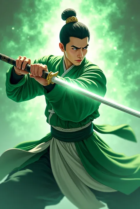 Anime of man hero full body dressed with sword in apple green and white traditional Chinese clothes in fighting pose with green power in background 