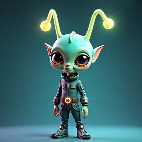 Create a friendly and whimsical alien character with two long, flexible antennas that glow softly at the tips. The alien should have a smooth, round head and large, expressive eyes that convey curiosity and humor. Its skin should be a vibrant and otherworl...